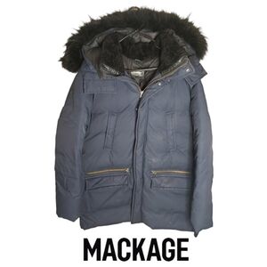 Mackage Men's Blue Down Leather Asiatic Racoon Fur Coat